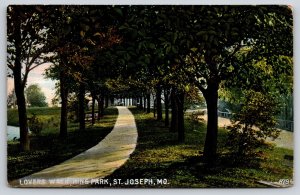 St Joseph Missouri~King Park~Lovers Walk Path View~Road~Bench~1910 Postcard