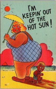 Humour Fat Woman Shading Boy I'm Keeping Out Of The Sun