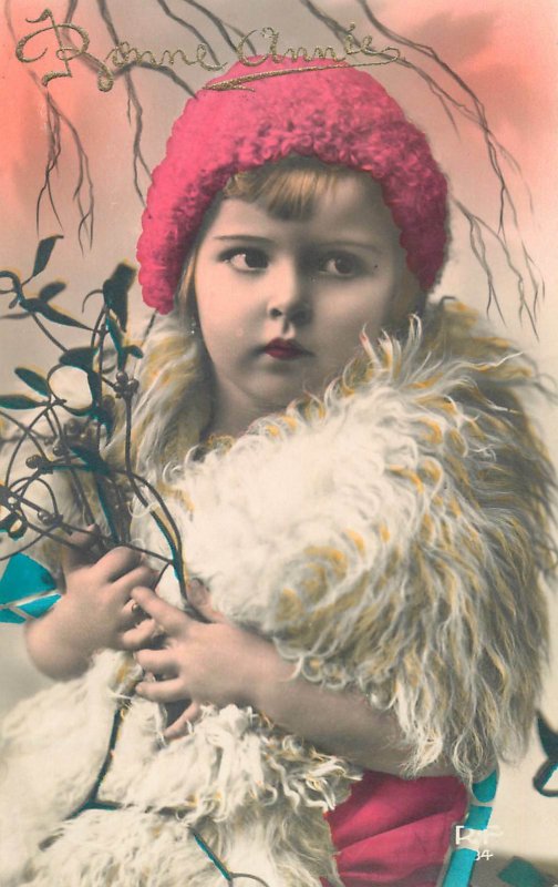 Postcard charming elegant fur coat girl fancy hat mistletoe