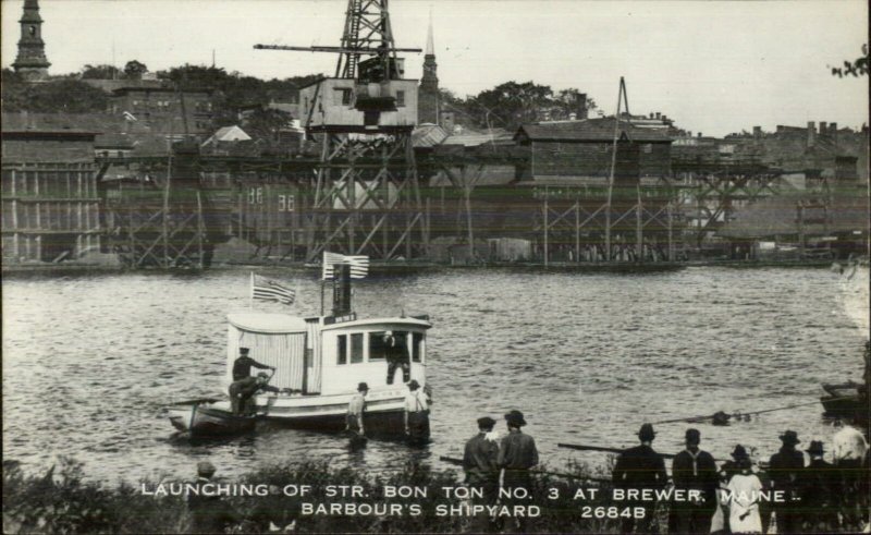 Brewer ME Launching Steamer Bon Ton Barbour Shipyard c1950s RPPC c1910 Image