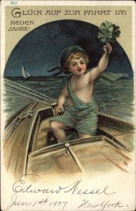 New Year German Fantasy Baby New Year Ship Sailor at Sea c1910 Postcard