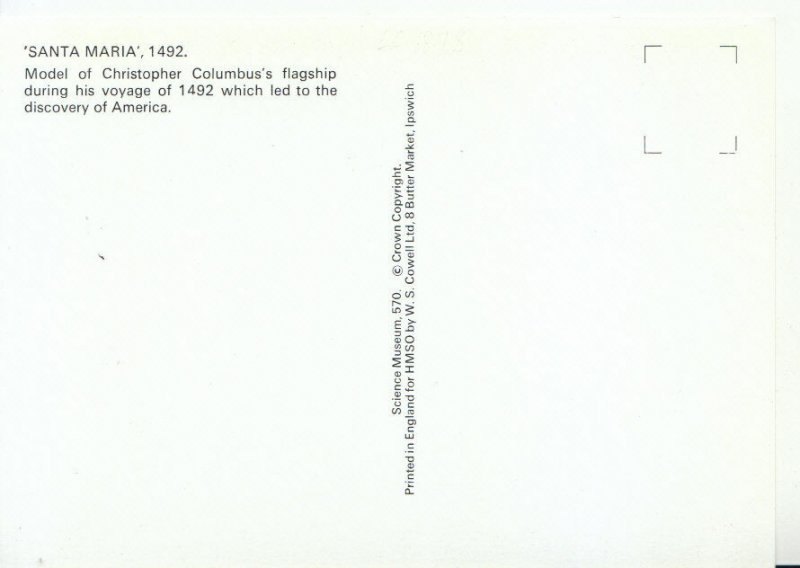 Historic Ships Postcard - 'Santa Maria, 1492 - Model - Ref 9790A 