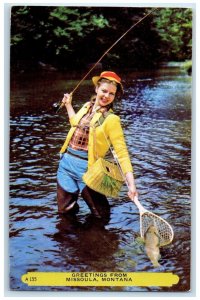 c1960 Greetings Woman Fishing Lake Missoula Montana MT Vintage Rembrant Postcard