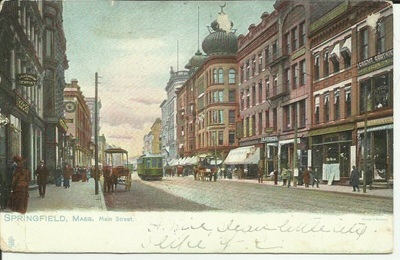 Springfield,Mass., Main Street Tuck  Trolley Streetcar Horse and Buggy