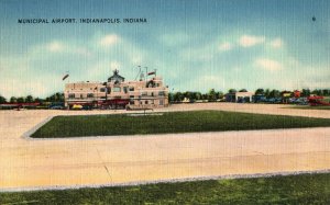 VINTAGE POSTCARD MUNICIPAL AIRPORT BUILDING AND RUNWAY AT INDIANAPOLIS INDIANA