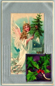 Angel w Tree Foiled Embossed Happy Christmas UNP Unused DB Postcard J11