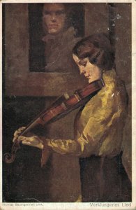 Art Nouveau Lady With A Violin Vintage Postcard 08.02