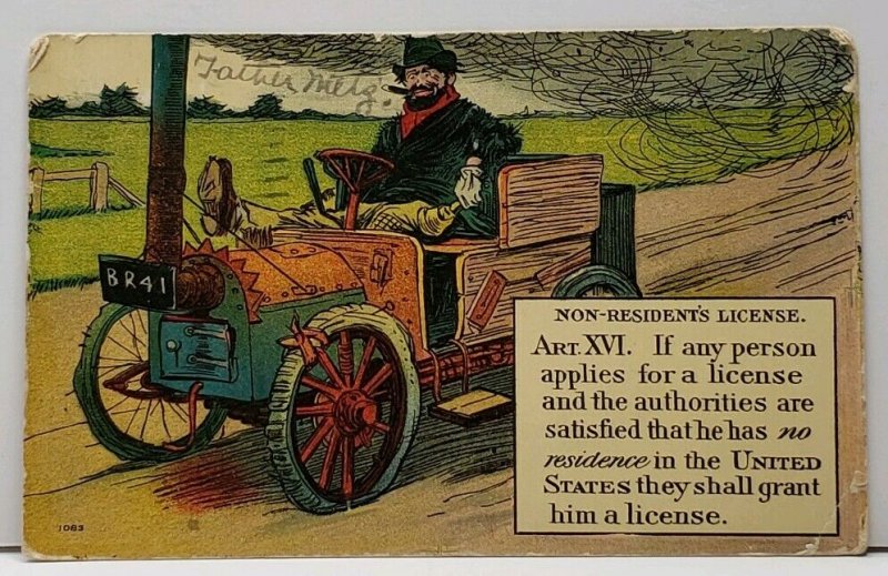 Comic Non-Residents License, No Residence in USA Equals License '09 Postcard F20