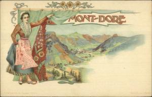 Mont-Dore France Beautiful Woman Curtain Fancy Border c1900 Postcard