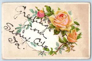 Sioux City Iowa IA Postcard Greetings Rose Flowers & Leaves Scene c1910s Antique