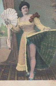 Upskirt Can Can Fan Risque Lady Teasing Suspenders Dance Old Antique Postcard