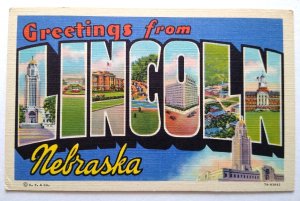 Greetings From Lincoln Nebraska Postcard Large Big Letter Curt Teich Unused