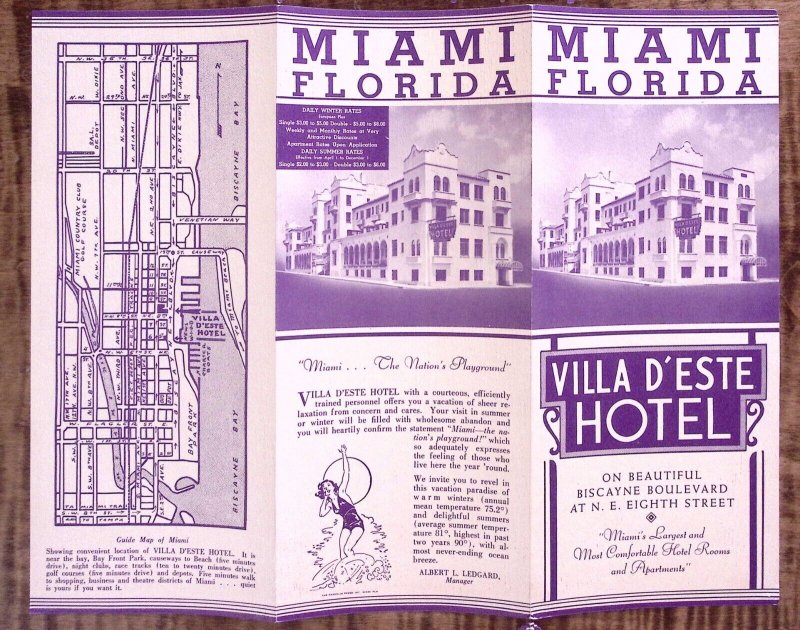 1930s MIAMI FL VILLA D'ESTE HOTEL 8th STREET BISCAYNE BOULEVARD BROCHURE Z3392