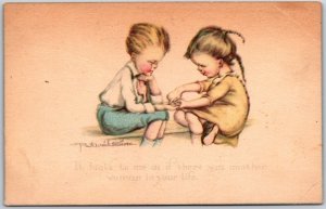 Young Woman Examining The Palm Of A Man's Hand, Fortune Teller, Vintage Postcard
