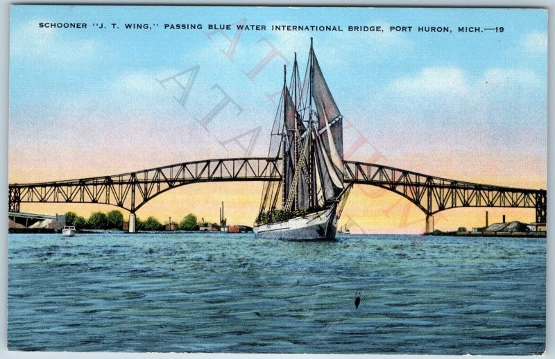 c1940s Port Huron, Mich Schooner J.T Wing International Bridge Ship Boat MI A201