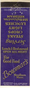 Vintage Needham, Massachusetts/MA Match Cover, Bowmar's Restaurant