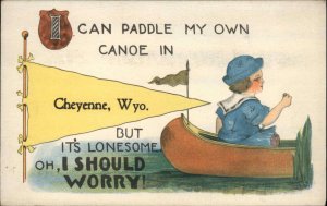 Cheyenne Wyoming WY Girl in Canoe Pennant Comic Vintage Postcard