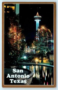 SAN ANTONIO, TX ~ Christmas Lights RIVERWALK Tower of Americas 1988 Postcard
