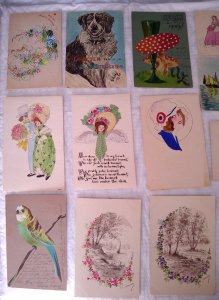 Lot of 18 Hand Made Drawn Painted Colored Bird Dog Women Vintage Postcards LHD3