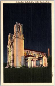 Saint Cecilia's Cathedral At Night Omaha Nebraska NB Parish Church Postcard