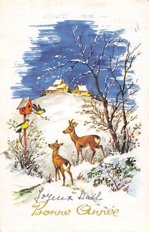 Joyeux Noel Bonne Annee Deer Animals Birds Winter Village Hippostcard