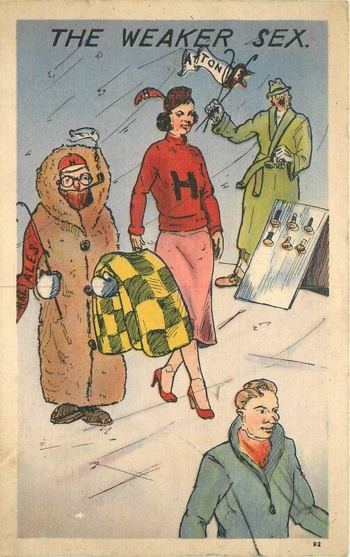 1930s Fur Coat Woman Weaker sex comic humor artist impression Postcard 22-8396