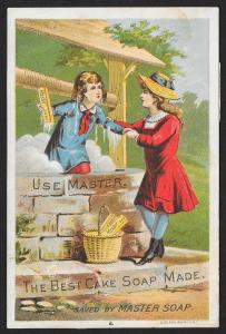VICTORIAN TRADE CARDS (4) Masters Cake Soap Girl and Young Boy at Water Well