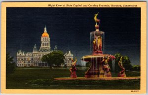 VINTAGE POSTCARD NIGHT VIEW OF THE STATE CAPITOL & CORNING FOUNTAIN HARTFORD CT