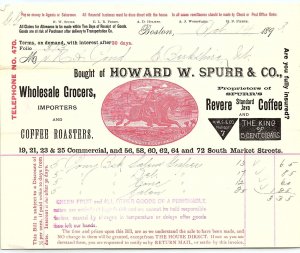 1893 HOWARD W SPURR BOSTON MA REVERE COFFEE CIGARS GROCERS BILLHEAD Z3423