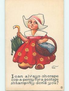 Divided-Back signed WALL - CUTE DUTCH GIRL WITH UMBRELLA & BASKET o8600