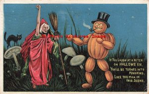 329617-Halloween, Anglo-American No 876/3, Witch & Pumpkin Man in Mushroom Field