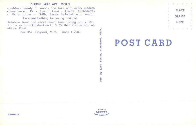 Gaylord Michigan Dixon Lake Apt Motel Multiview Vintage Postcard K59528 