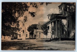 1943 Bristol Vermont Postcard St. Ambrose R.C. Church High School Baptist Church