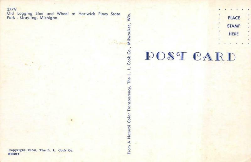 GRAYLING, MI Michigan  OLD LOGGING SLED & WHEEL~Hartwick Pines Park  Postcard
