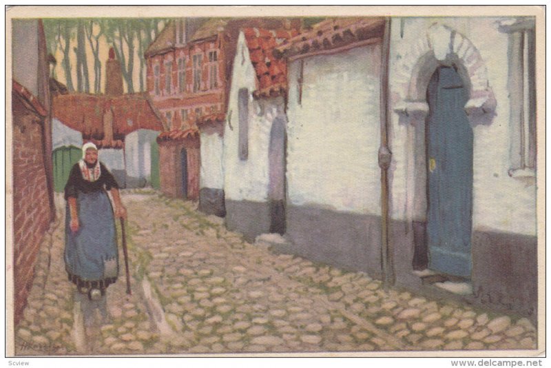 BRUGES, Belgium, 1900-1910's; Painting, Old Woman in Quaint Corner