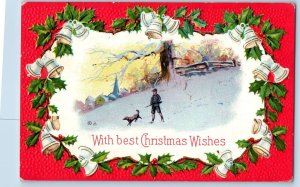 Dodge Nebraska NE Postcard Christmas Winter Scene Bells Berries Embossed 1911