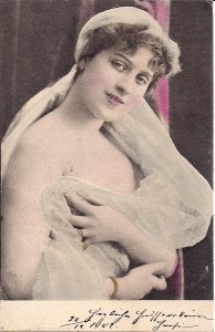 Beautiful Woman in Blue Scarf, Semi Nude, 1902 Austria, Sexy Girl, Jewelry