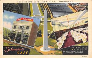 Washington DC~Schneider's Cafe~Inside Out~Monument~ART DECO~1936 Linen Postcard