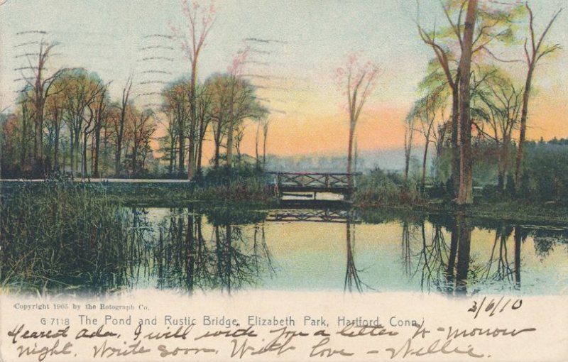 Hartford CT Connecticut Pond and Rustic Bridge at Elizabeth Park - pm 1910 - UDB