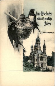 Wiesbaden Germany Griechische Chapel Babies Swallows Nest Vintage Postcard
