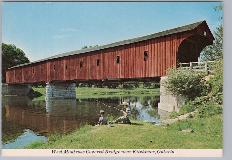 Fishing, Grand River, West Montrose Covered Bridge, Ontario, Chrome Postcard #1