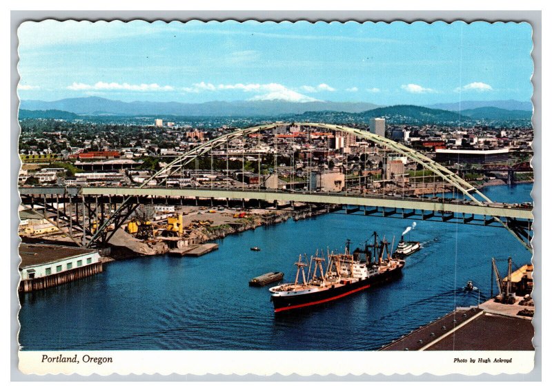 Portland Oregon Postcard Continental View Card Ocean Freighter Willamette River