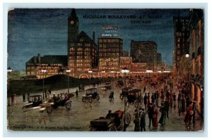 c1910's View Of Michigan Boulevard At Night Chicago Illinois IL Antique Postcard