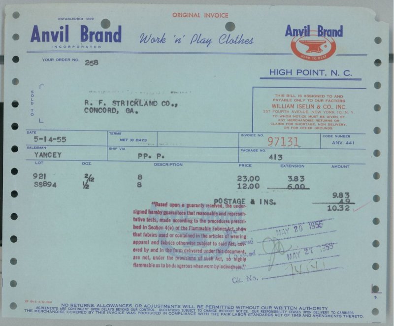 1955 Anvil Brand High Point N.C. Work 'n' Play Clothes Invoice Boys Pants 372 