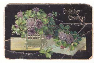 Birthday Greetings - Purple Flowers - Vintage Gelatin Postcard