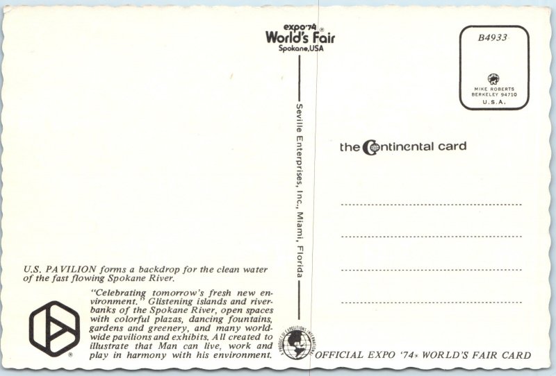 1974 Spokane, WA Expo 74 World's Fair U.S. Pavilion Postcard Riverfront M52