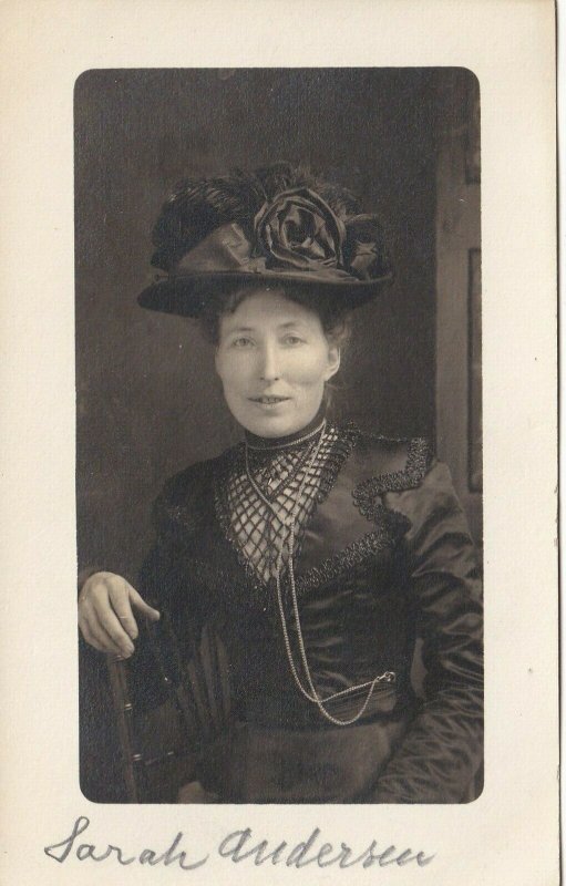 Antique Real Photo Postcard RPPC Victorian Woman in Black Named Sarah Andersen