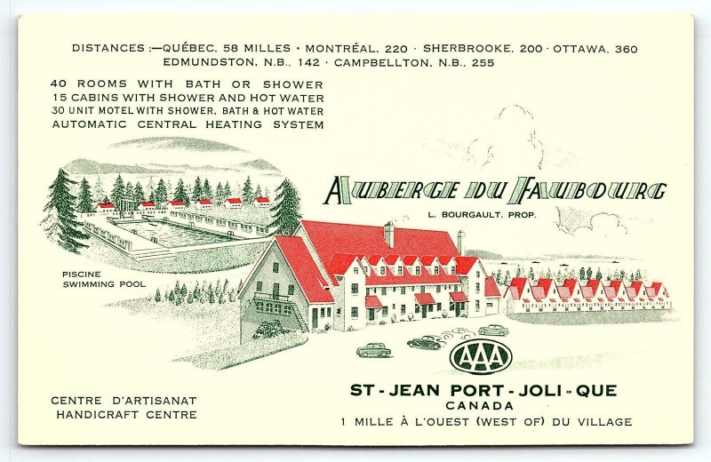 1920s QUEBEC ST JEAN PORT JOLI AUBERGE DU FAUBOURG RESORT ENGRAVED POSTCARD P19