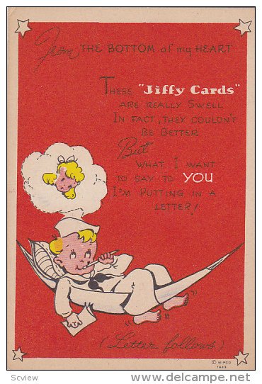 Jiffy Cards, Sailor boy on hammock thinking about his sweetheart, 10-20s