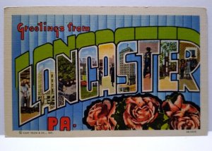 Greetings From Lancaster Pennsylvania Large Big Letter Postcard Linen PA Amish